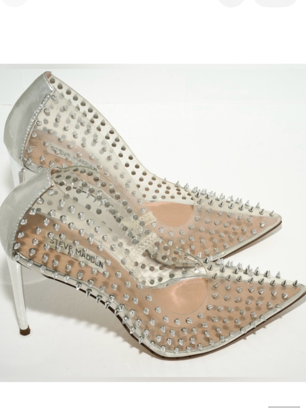 Steve Madden Vala-S Clear PVC Pointed Toe Silver Studded Spike Pumps Size 8.5